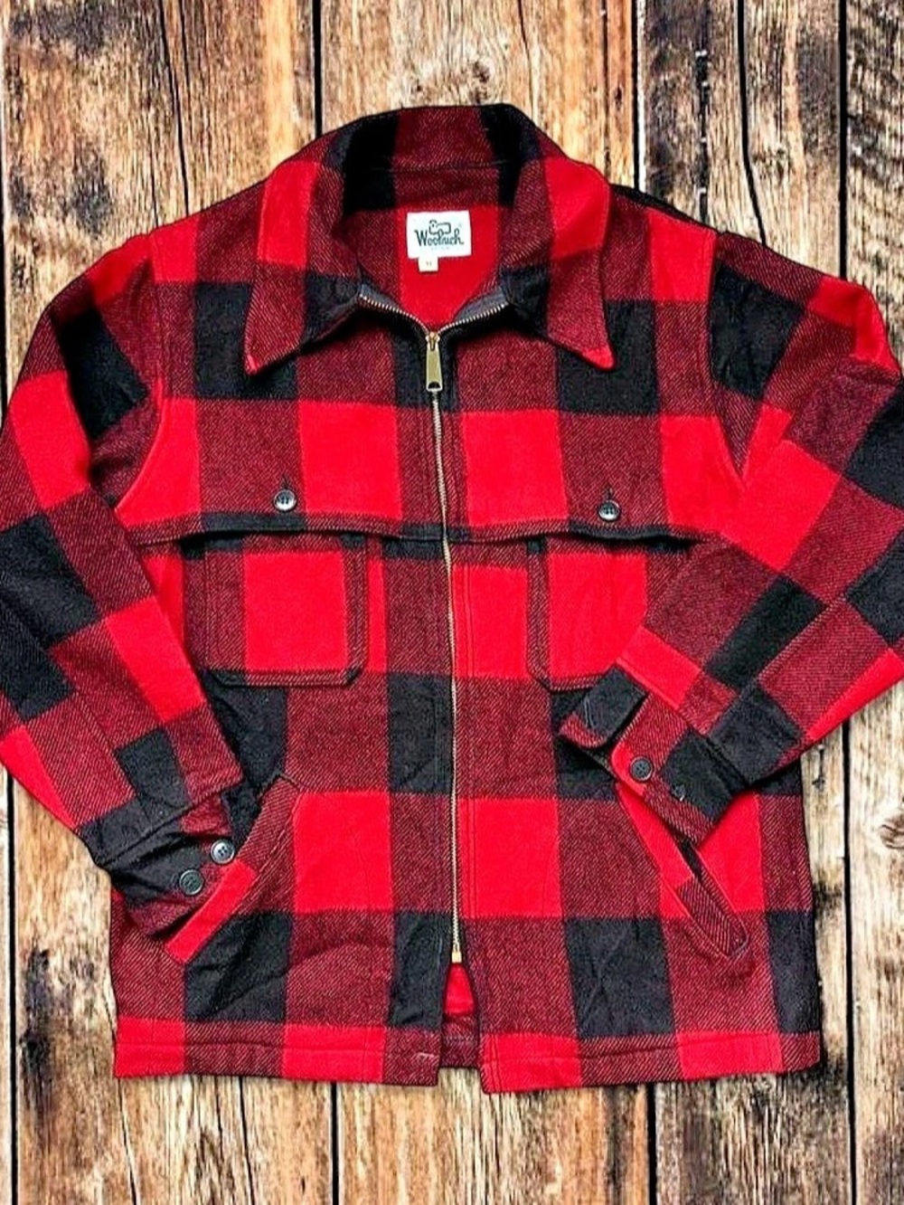 Vintage 70s Woolrich Buffalo Check Wool Zip Jacket Men's Red & Black Medium